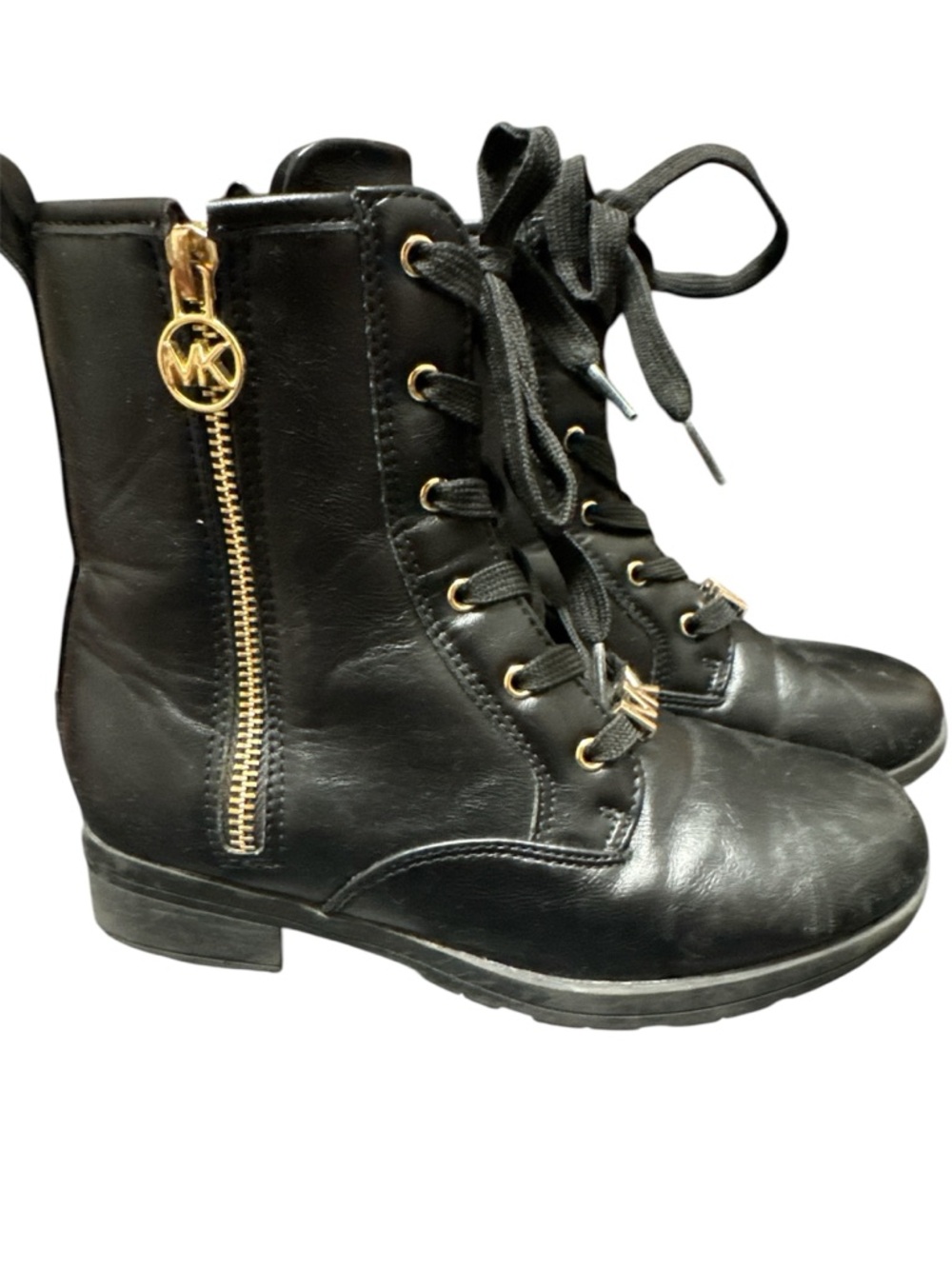 Michael Kors Black Leather Lace-Up Ankle Boots with Gold Accents Size 2